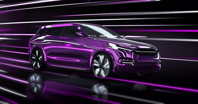 Fast moving SUV car in glossy neon lighted tunnel. Endless 4K video loop of own designed generic non existing car.