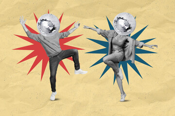Collage image of two headless disco ball people with black white colof effect have fun dancing isolated on pastel painting background - obrazy, fototapety, plakaty