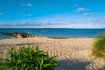 Seascape of the beach and storm-damaged jetty with pilings on Cape Cod