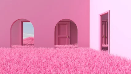 Fotobehang Fluor Roze Meadow in the room. 3D illustration, 3D rendering    © wichuda