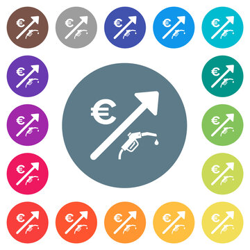 Rising fuel european Euro prices flat white icons on round color backgrounds
