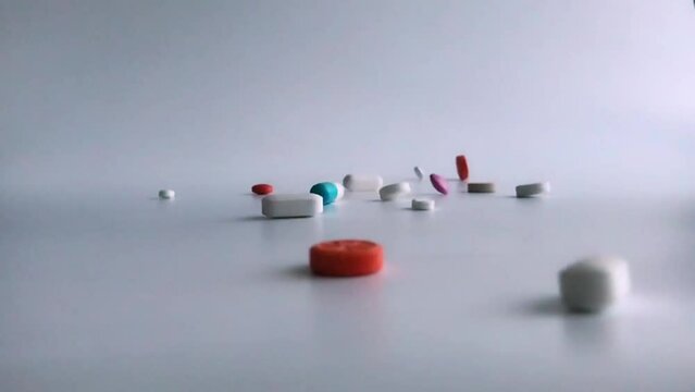 Different kinds pills falling on a white background in slow motion. Multi-colored tablets are flying. Beautiful drop pills on table. medical footage, healthy lifestyle, vitamins, drugs