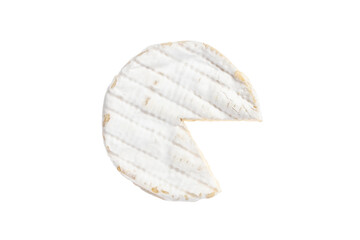 White round soft brie cheese. Sliced camembert isolated on white background, top view. Dairy product.