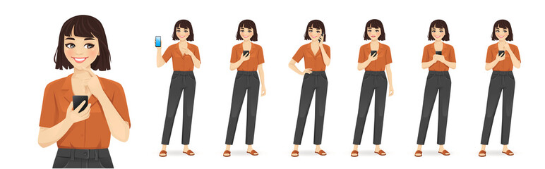 Young woman casual style clothes holding mobile phone, talking, texting and showing empty sreen isolated vector illustration