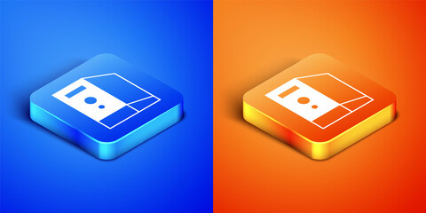 Isometric Case of computer icon isolated on blue and orange background. Computer server. Workstation. Square button. Vector