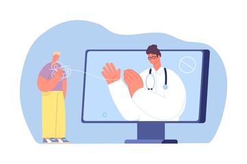 Online psychotherapist help guy. Virtual medicine, mind and feelings problems solve. Psychology, psychotherapy vector concept