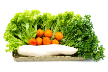 Fresh different vegetables set in basket on white background. Concept : Healthy eating food. Organic agriculture crops from garden. High vitamins and fibers. Good for the digestive system. 