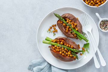 baked sweet potato with asparagus and chickpeas