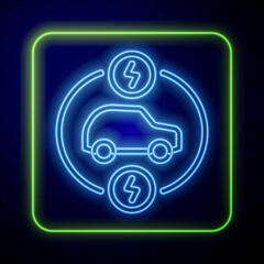Glowing neon Electric car and electrical cable plug charging icon isolated on blue background. Renewable eco technologies. Vector