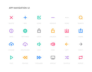 App Control System User Interface (UI) Vector Icon Set. High Quality Minimal Lined Icons.