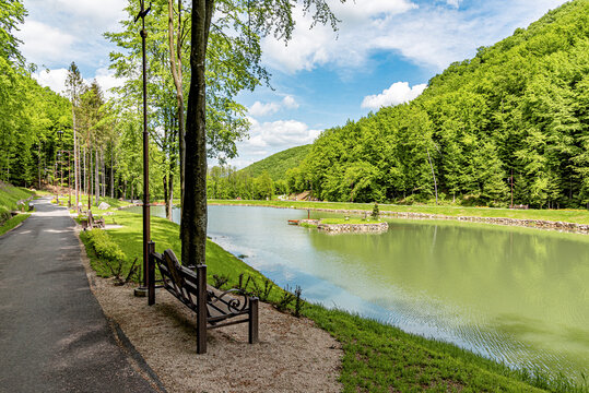Park with a lake in a beautiful mountain forest.