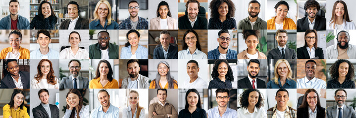 Fototapeta premium Panoramic collage of a lot of happy positive multiracial people looking at the camera. Many smiling multiethnic faces of successful business people of different ages, smiling friendly into the camera