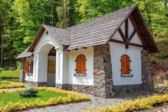 Old stone house in the Austro-Hungarian style in the forest.