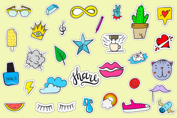 Cute Colorful Modern Patch Set. Fashion patches. Cartoon 80's - 90's style.