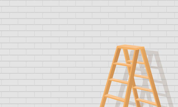 Wooden step ladder in front of the white bricks wall, realistic 3d vector illustration.