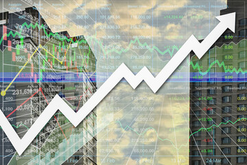 Stock financial index data diagram with arrow up, graph, chart, candlesticks and number show successful investment on property business and  industry with twilight silhouette building background.