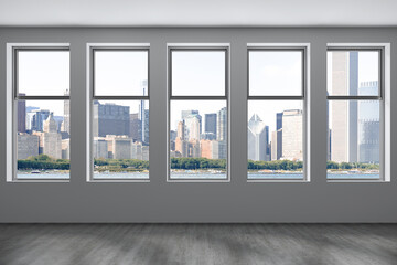 Fototapeta na wymiar Downtown Chicago City Skyline Buildings from Window. Beautiful Expensive Real Estate. Epmty office room Interior Skyscrapers, View Lake Michigan waterfront, harbor. Cityscape. Day time. 3d rendering.