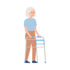 Elderly woman moves using an orthopedic walker, vector illustration isolated.
