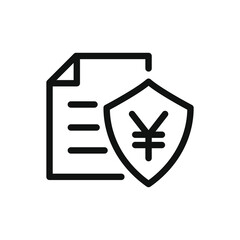 Yen sign with shield and paper. Financial protection. Insurance policy, secure tax icon line style isolated on white background. Vector illustration