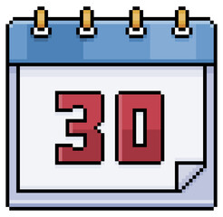 Pixel art calendar with date 30. Day 30. Holiday day 30 vector icon for 8bit game on white background