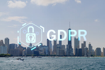 City view of Downtown skyscrapers of Chicago skyline panorama over Lake Michigan, harbor area, day time, Illinois, USA. GDPR hologram, concept of data protection regulation and privacy for individuals