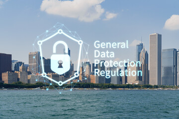 City view of Downtown skyscrapers of Chicago skyline panorama over Lake Michigan, harbor area, day time, Illinois, USA. GDPR hologram, concept of data protection regulation and privacy for individuals