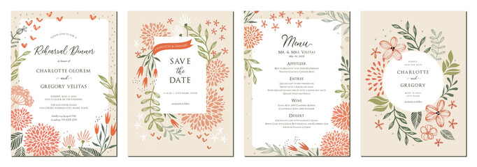 Modern vintage pink templates. Wedding and birthday invitations. Floral frames and backgrounds design. Vector illustration. - 512093397