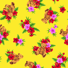 Hawaiian shirt pattern using cute bear and hibiscus,
