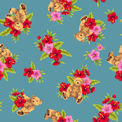 Hawaiian shirt pattern using cute bear and hibiscus,