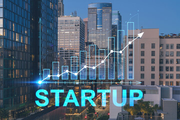 Obraz premium Illuminated cityscape of Los Angeles downtown at night time, California, USA. Skyscrapers of LA city. Startup company, launch project to seek, develop and validate scalable business model, hologram