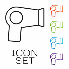 Black line Hair dryer icon isolated on white background. Hairdryer sign. Hair drying symbol. Blowing hot air. Set icons colorful. Vector
