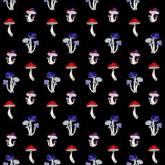 Seamless watercolor pattern of mushrooms on black field. Russula, fly agaric, chanterelles, toadstools, snail. Poison mushroom. Design for textile, packaging, wallpaper. Halloween magic background.	