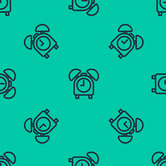 Blue line Alarm clock icon isolated seamless pattern on green background. Wake up, get up concept. Time sign. Vector