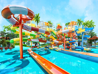 Empty colorful waterslides in the resort aquapark with sea view, sunny day. Water slide with children pool in aqua park, summer fun activity, vacation leisure, holiday entertainment 3D illustration