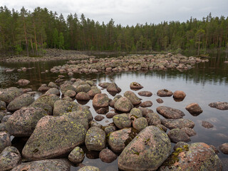 Large stone boulders. Typical glacial relief in Karelia