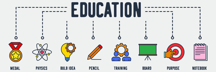 education banner web icon. medal, physics, bulb idea, pencil, training, board, purpose, notebook vector illustration concept.