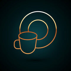 Gold line Washing dishes icon isolated on dark blue background. Cleaning dishes icon. Dishwasher sign. Clean tableware sign. Vector