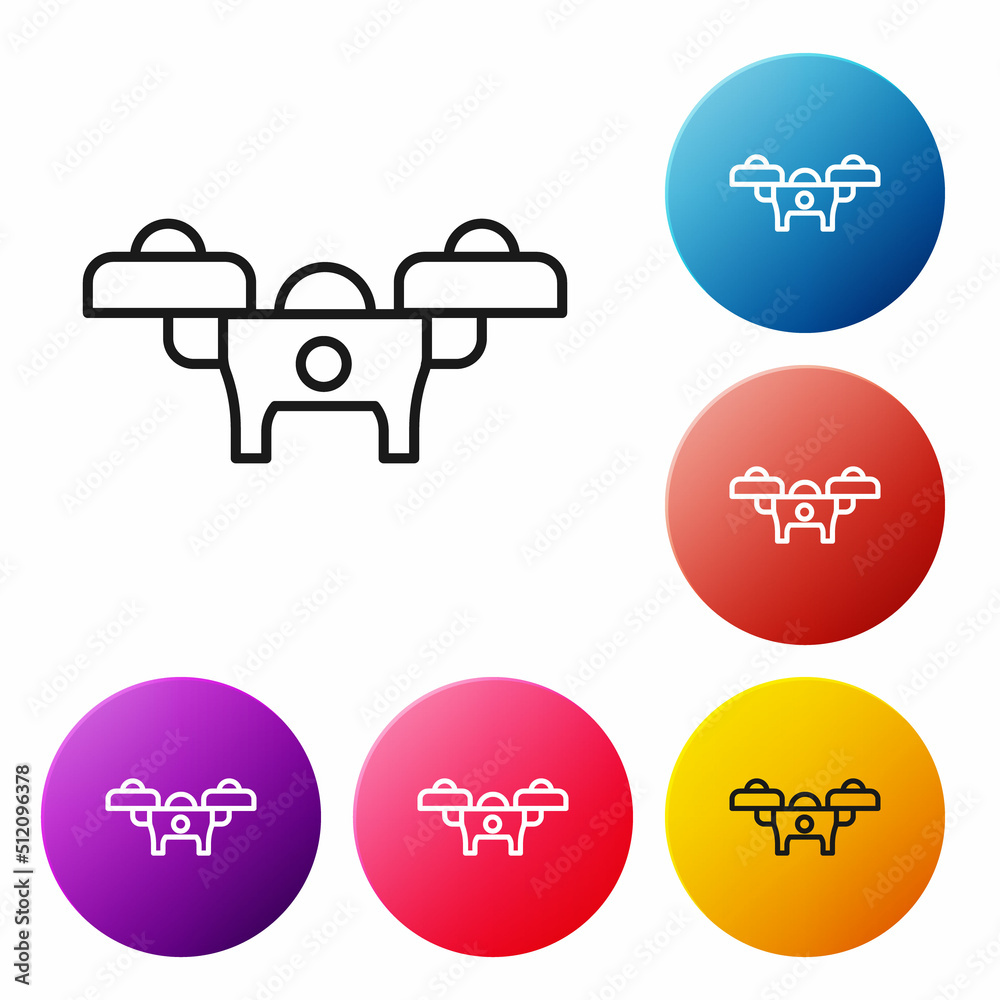 Wall mural Black line Drone flying icon isolated on white background. Quadrocopter with video and photo camera symbol. Set icons colorful circle buttons. Vector