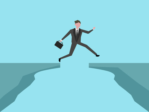 崖を飛び越えるビジネスマン 新しいキャリアへのステップ 挑戦とリスク