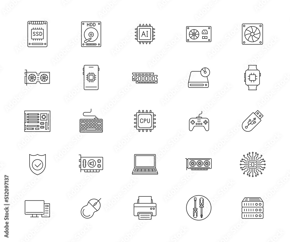 Poster icons set of computer hardware. simple outline icon. vector illustration..