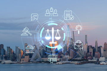 Fototapeta na wymiar New York City skyline from New Jersey over Hudson River, Midtown Manhattan skyscrapers at sunset, USA. Glowing hologram legal icons. The concept of law, order, regulations and digital justice