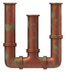 Letter W made of rusty copper pipes, isolated on white, 3d rendering