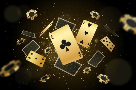 Vector illustration, casino background with golden playing cards casino chips and Jackpot you win text on sparkle background and golden lights. 3d background for casino games