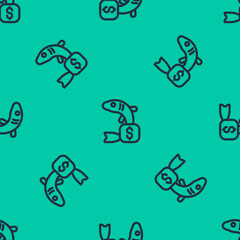 Blue line Price tag for fish icon isolated seamless pattern on green background. Vector