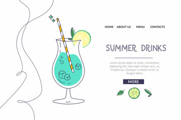 Hand drawn summer illustration. A glass with a straw and a slice of lime. Good for describing ingredients on a cocktail menu.