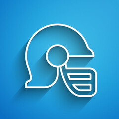 White line American football helmet icon isolated on blue background. Long shadow. Vector