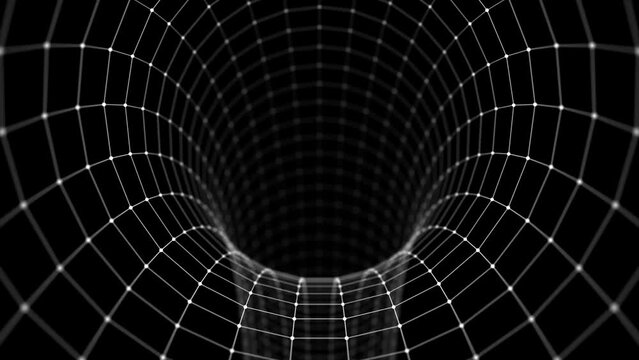 3d wireframe tunnel. Abstract background of lines. Tunnel through space. Optical illusion. 3d rendering. 4K video. Seamless loop.