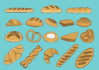 Simple illustrations of bakery products, painted on a blue background, rolls, cheesecakes, bread