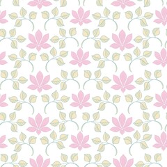 Simple pattern, illustration of a plant on a white background of pink and yellow, flowers, leaves and fruits