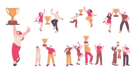 People winners. Work winner, woman award celebrate. Business trophy successful projects, top worker team, child or pet. Kicky happy vector characters